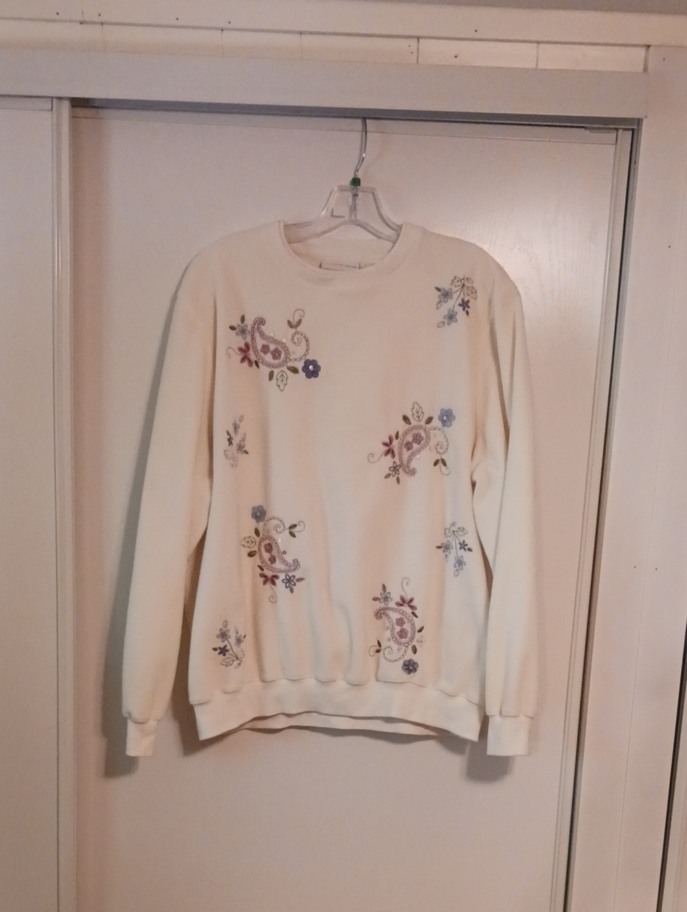 Alfred Dunner Cream Crewneck Sweater with Paisley & Floral Embroidery